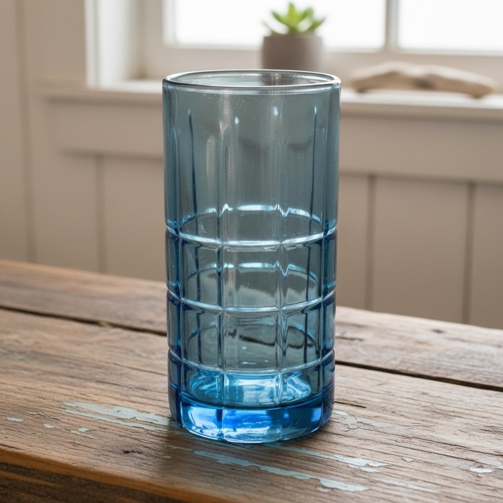 Anchor Hocking Tartan Cobalt Blue Highball Tumbler, Vintage MCM Drinkware